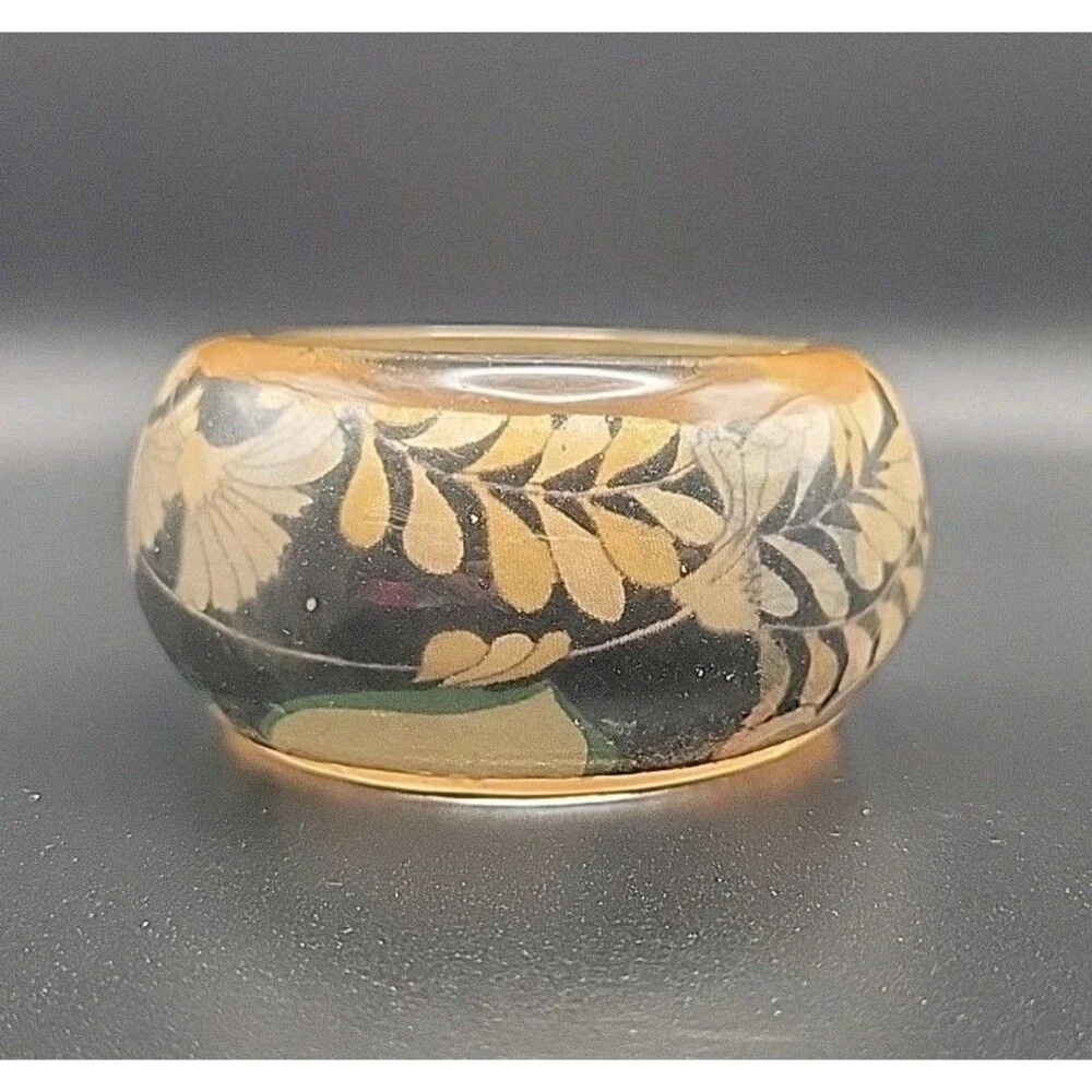 Vintage Chunky Bangle Bracelet Lot 3 Pink Tiger Lucite Carved Resin Wood Leaf